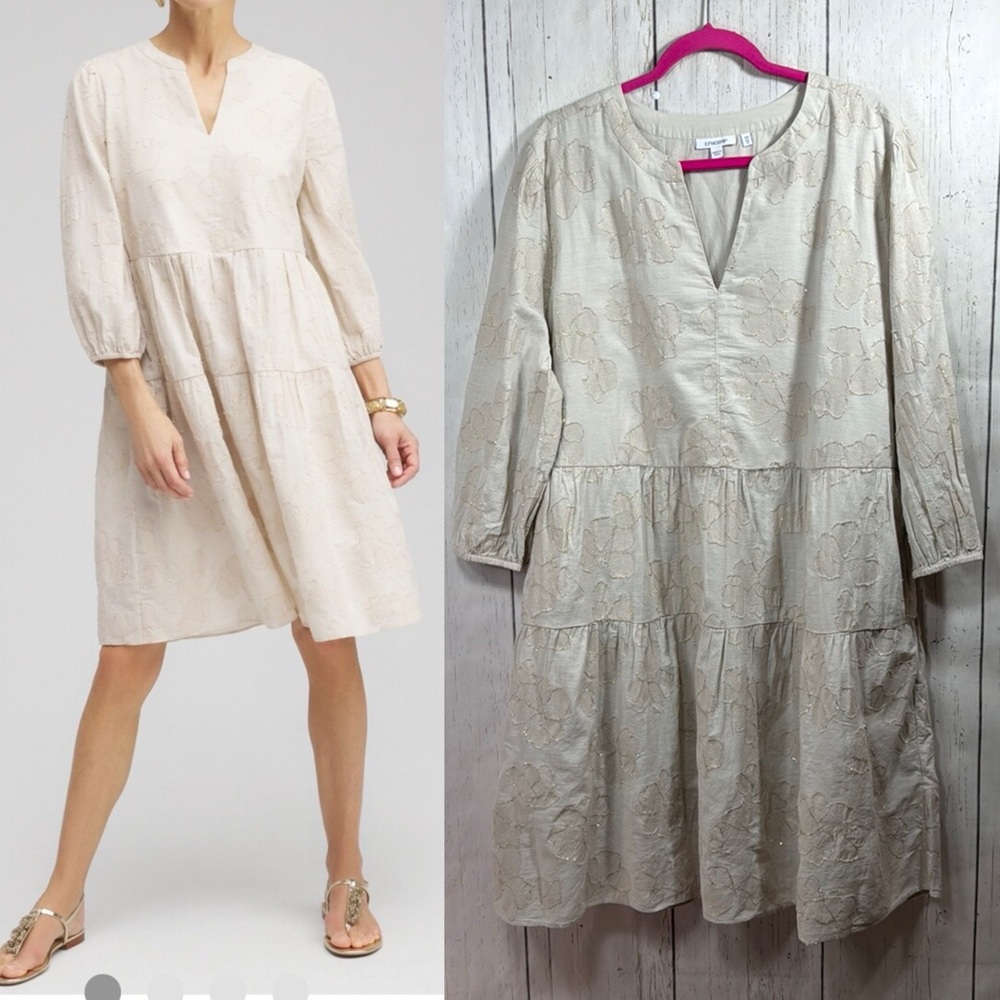 Chicos Jacquard Tiered V Neck Pockets Stretch Soft Lightweight Knee Length Dress